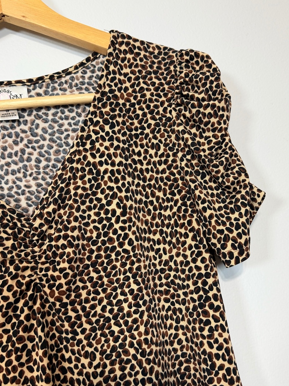 Sweet Storm Y2K Leopard Mini Dress Ruched V Neck Puff Sleeve S - Picture 9 of 10